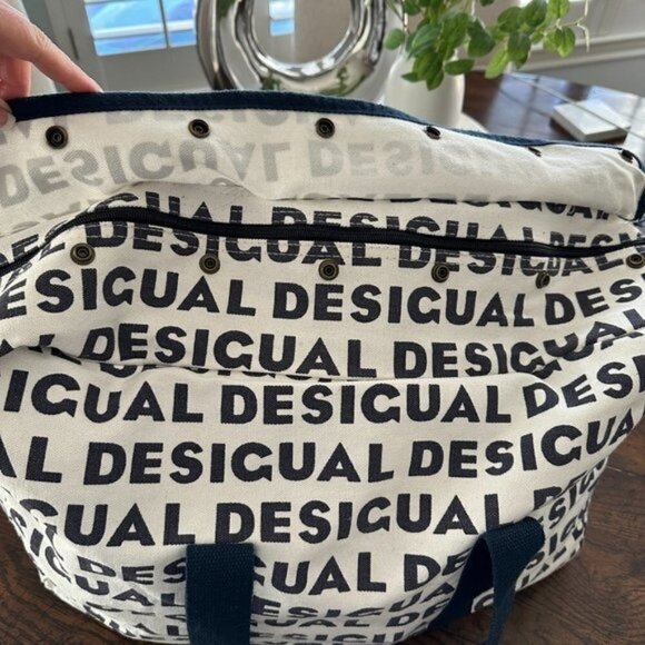 Desigual White Navy Logo Spell Out Canvas Large Zip Snap Top Closure Duffle Bag - Picture 2 of 9